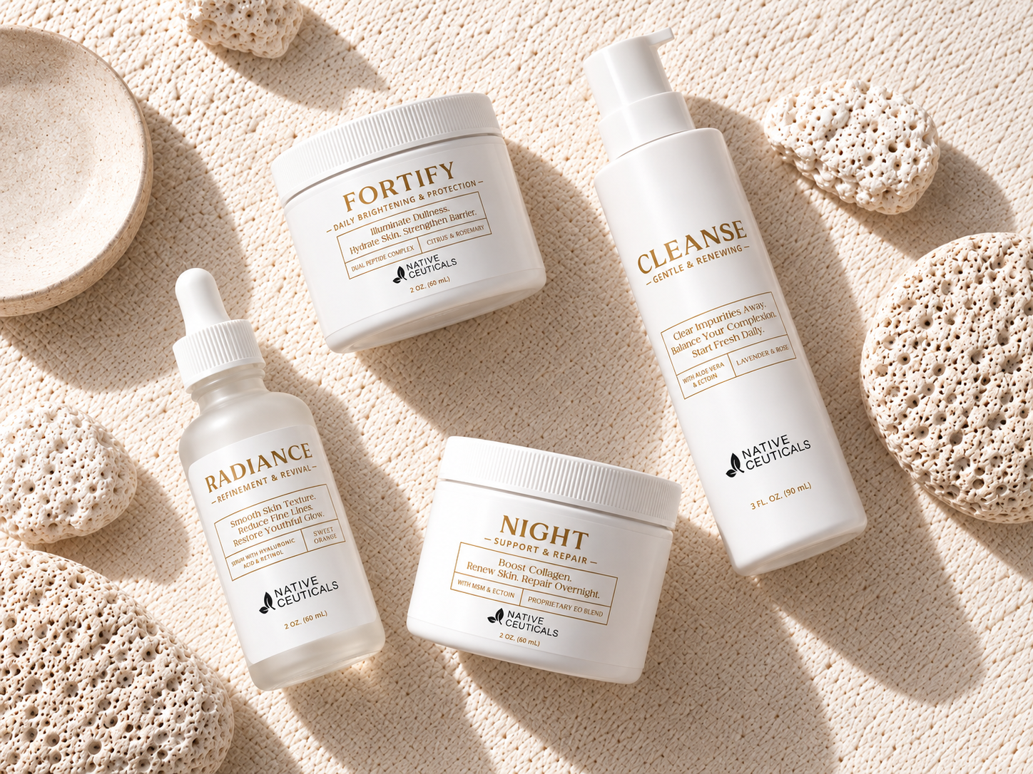 Fortify Day Cream, Radiance Serum, Premium Cleanser, and Night Cream