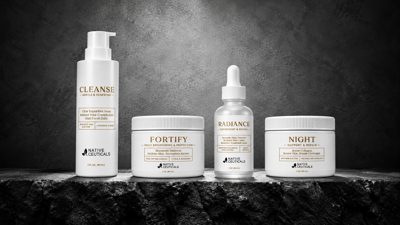 Premium Cleanser, Fortify Day Cream, Radiance Serum, and Night Cream on a stone ledge